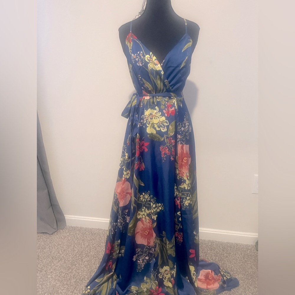 Lulu’s Blue Floral Print Satin Maxi Dress